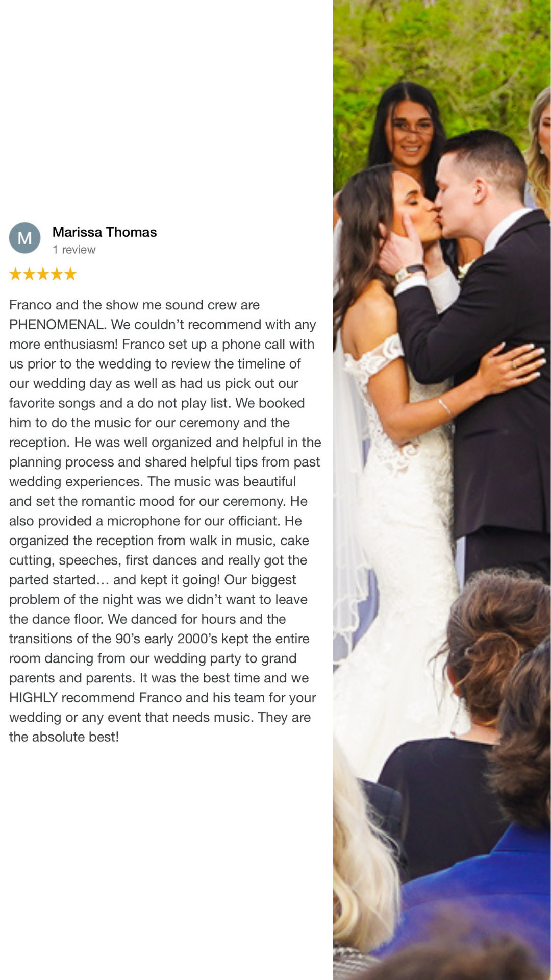 Five Star Review of Couple Kissing at Wedding in St. Louis