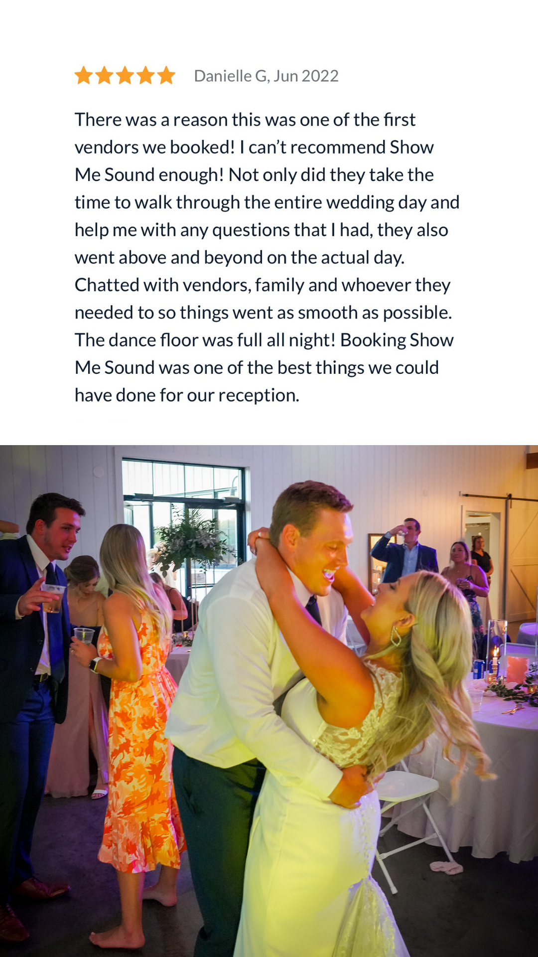 Five Star Review Wedding Couple Smiling on Dance Floor at Their Wedding in St. Louis